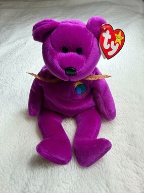 Millennium Ty Beanie Baby 1999 Purple Bear - Hang Tag Error - Copper Ribbon Y2K